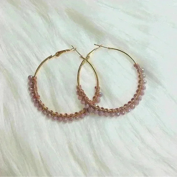 Rose Gold Beaded Hoop Earrings - Picture 1 of 6